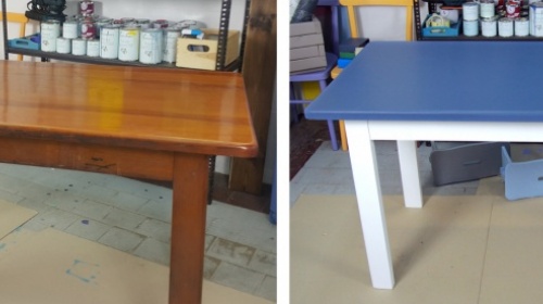 Jak pomalować stare meble? Sosnowy stół w paski 