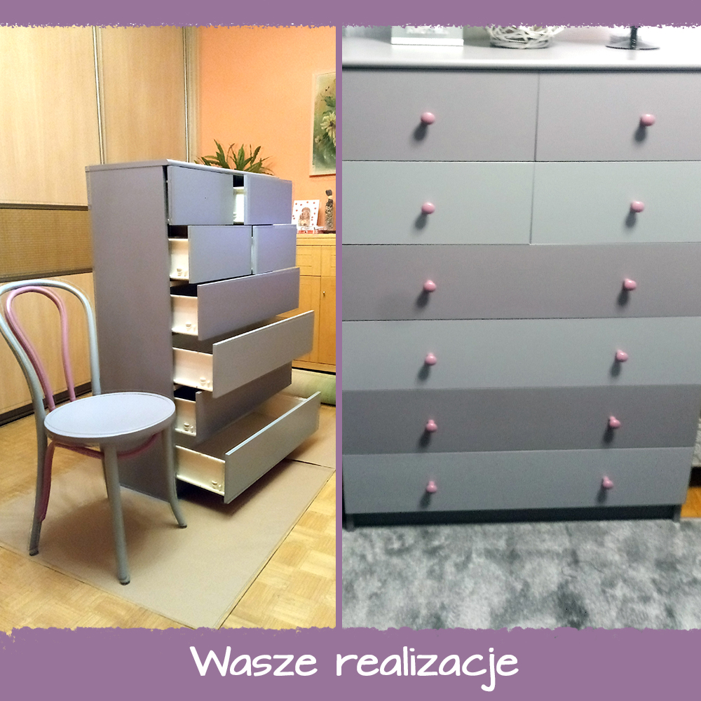 Komoda i fotel p Bozeny - gałki Odważny Róż, szuflady Fioletowa Szarość i Czysty Popiel :)